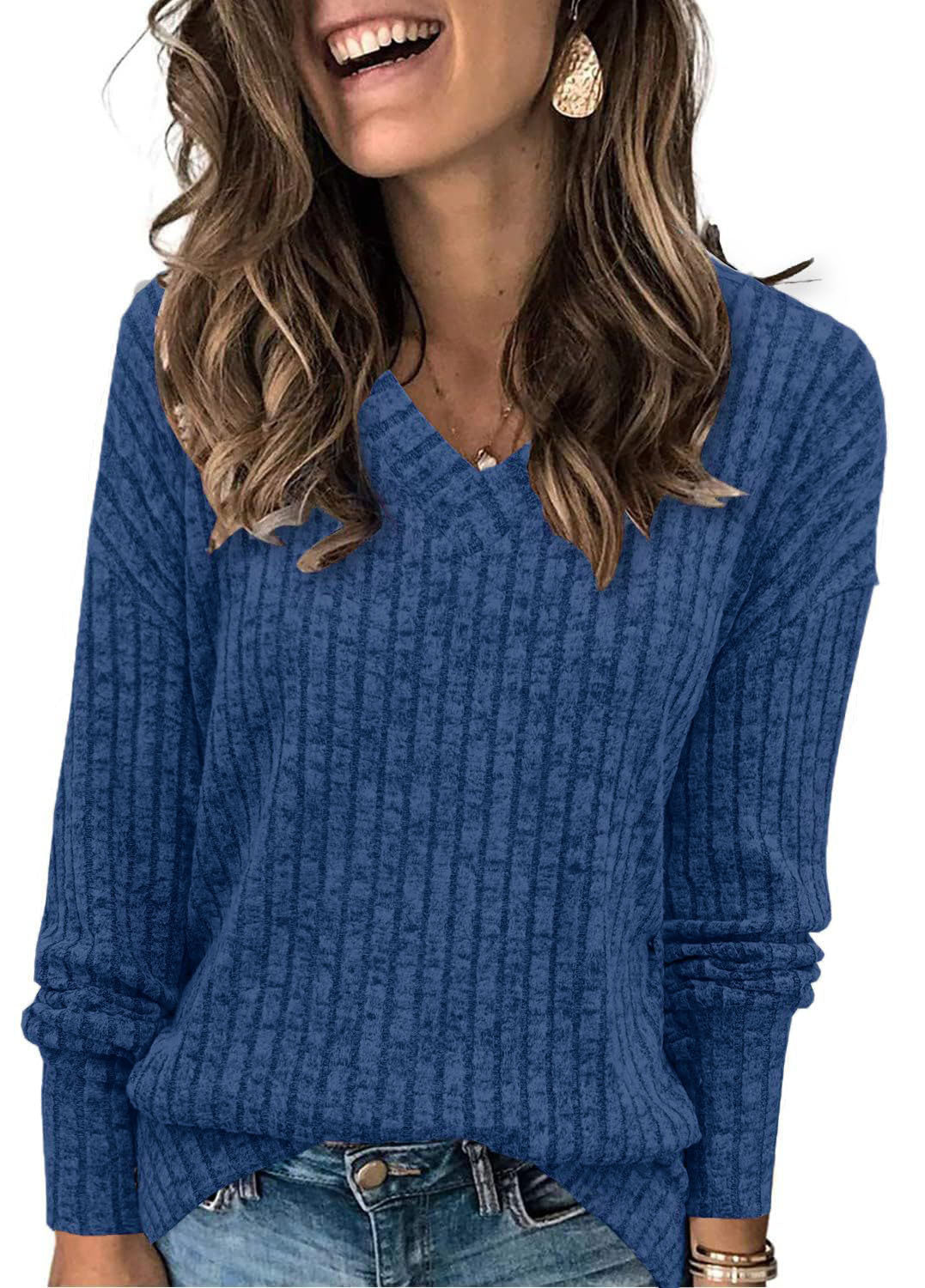 Women's V Neck Long Sleeve Solid Sweater
