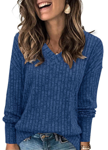 Women's V Neck Long Sleeve Solid Sweater