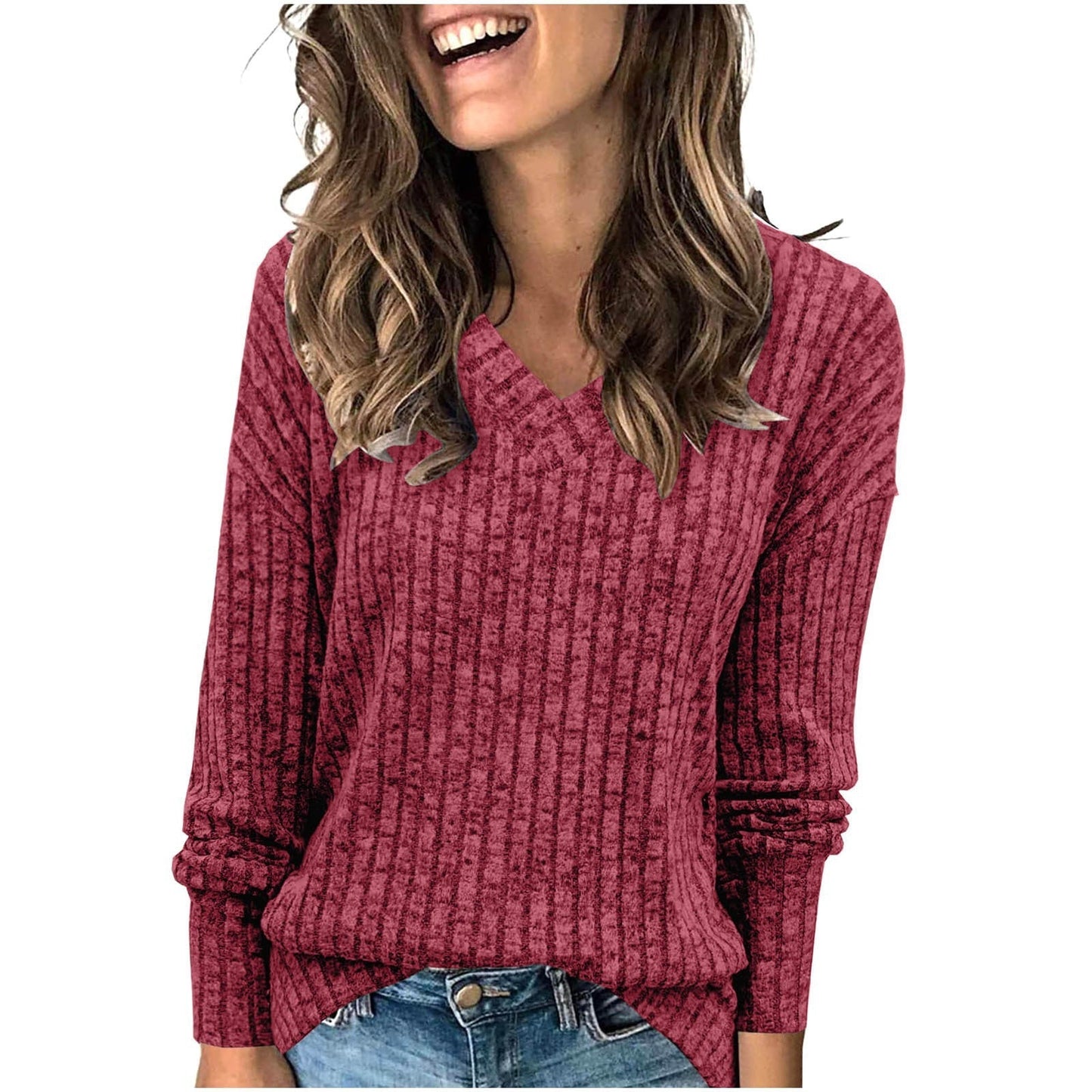Women's V Neck Long Sleeve Solid Sweater
