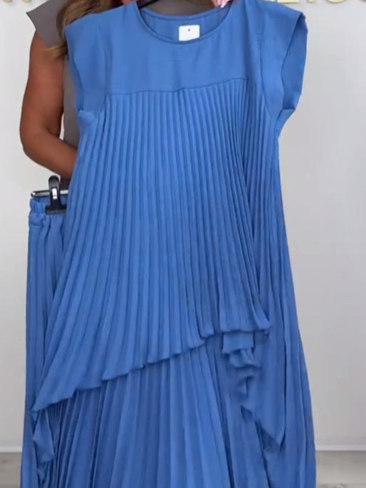 Laney Pleated Short Sleeve Irregular Midi Top and Elastic Waist Wide Leg Pants Set