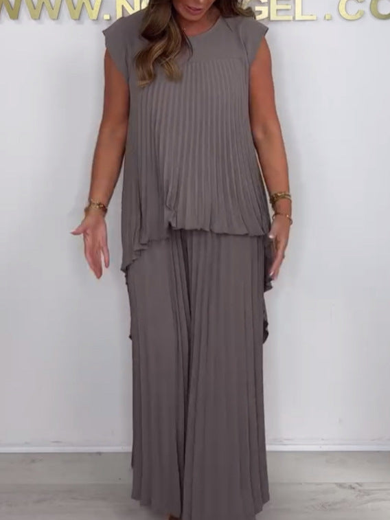 Laney Pleated Short Sleeve Irregular Midi Top and Elastic Waist Wide Leg Pants Set