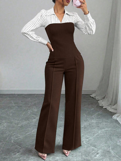 Women's Elegant Striped V-Neck Blouse & Wide-Leg Trouser Set