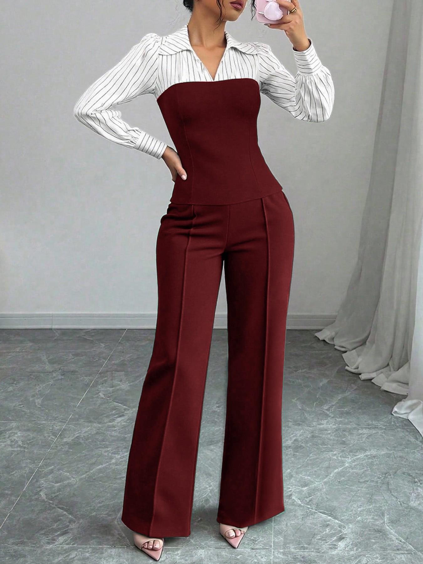 Women's Elegant Striped V-Neck Blouse & Wide-Leg Trouser Set