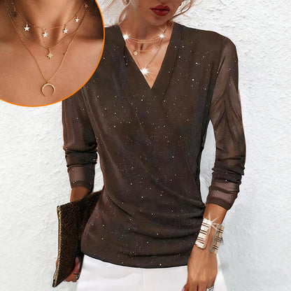 Women's Sparkle Crossover V-Neck Long Sleeve Top