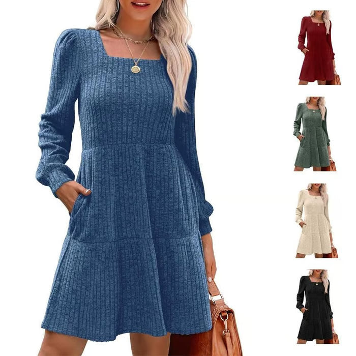 🍂2025 New Style⏰Women's Square Neck Lantern Sleeve Ribbed Dress