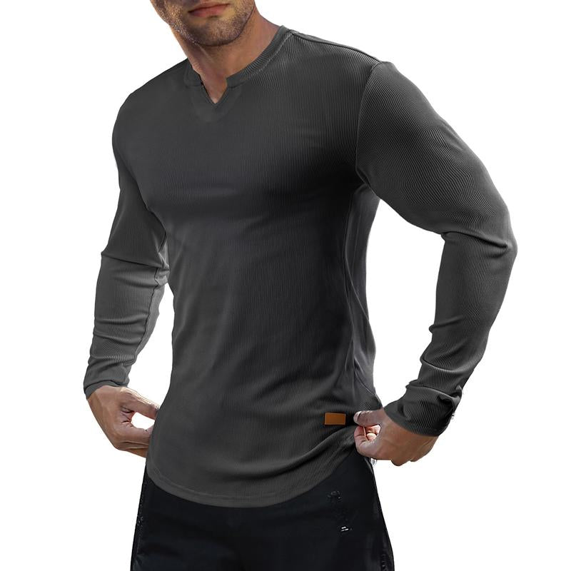 💗 V-Neck Longline Ribbed Tees Shirts Long Sleeve Gym Workout Athletic Menswear Tops