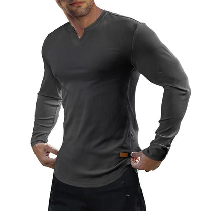💗 V-Neck Longline Ribbed Tees Shirts Long Sleeve Gym Workout Athletic Menswear Tops