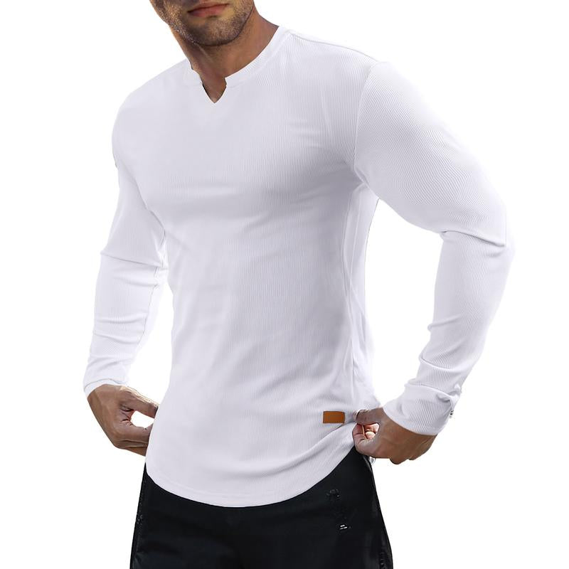 💗 V-Neck Longline Ribbed Tees Shirts Long Sleeve Gym Workout Athletic Menswear Tops