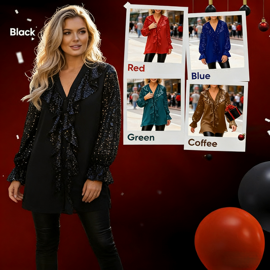 ⏳Time-Limited Special⏰Women's V-Neck Chiffon Sequin Long Sleeve Shirt🎁