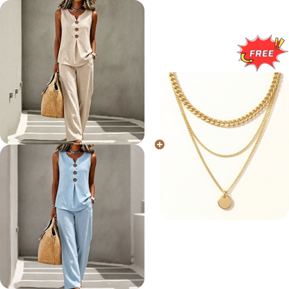 💗LAST DAY SALE 49% OFF⚡50K+ SOLD💕Women's Sleeveless Button Top and Loose Pants Set