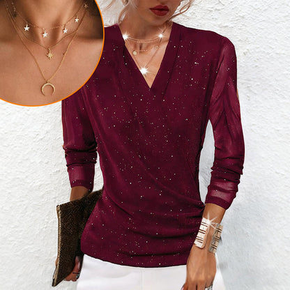 Women's Sparkle Crossover V-Neck Long Sleeve Top