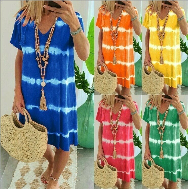 Tie-dye Striped Short-sleeved Loose T-shirt Dress