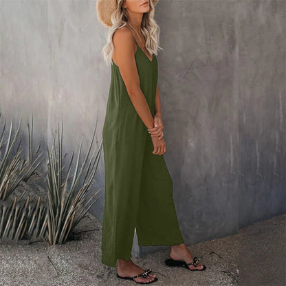 Clearance Sale! 🌸 Loose Sleeveless Wide-Leg Jumpsuit with Pockets - Stretchy & Flowy