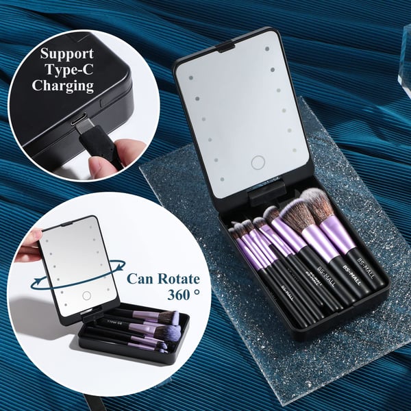 🔥 Big Sale 50% OFF🌈Travel Makeup Brush Set with LED Light Mirror