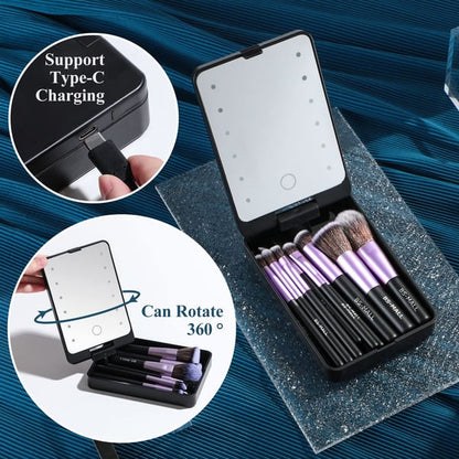 🔥 Big Sale 50% OFF🌈Travel Makeup Brush Set with LED Light Mirror