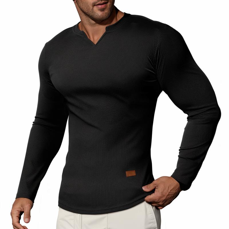 💗 V-Neck Longline Ribbed Tees Shirts Long Sleeve Gym Workout Athletic Menswear Tops