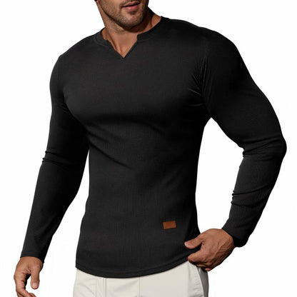 💗 V-Neck Longline Ribbed Tees Shirts Long Sleeve Gym Workout Athletic Menswear Tops