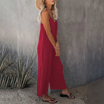 Clearance Sale! 🌸 Loose Sleeveless Wide-Leg Jumpsuit with Pockets - Stretchy & Flowy