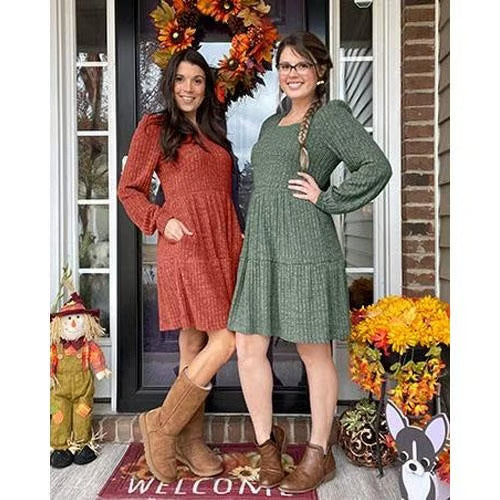 🍂2025 New Style⏰Women's Square Neck Lantern Sleeve Ribbed Dress