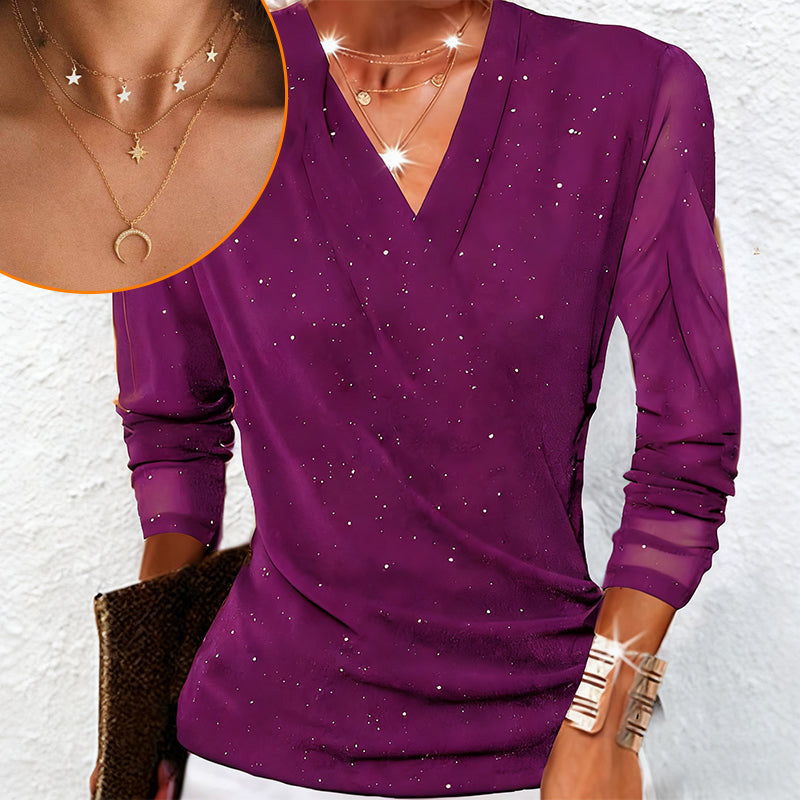 Women's Sparkle Crossover V-Neck Long Sleeve Top