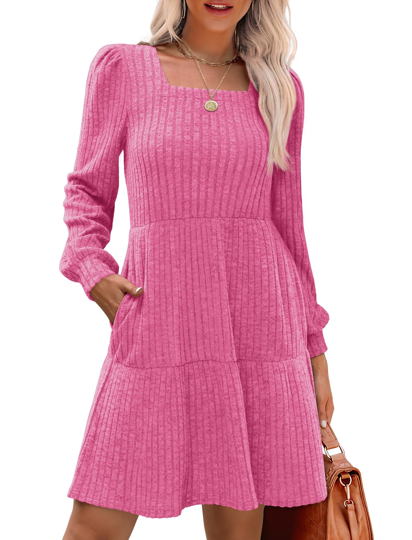 🍂2025 New Style⏰Women's Square Neck Lantern Sleeve Ribbed Dress