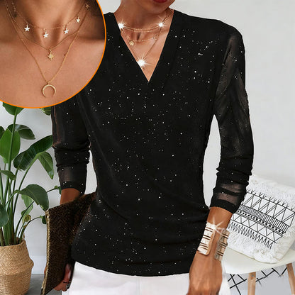 Women's Sparkle Crossover V-Neck Long Sleeve Top