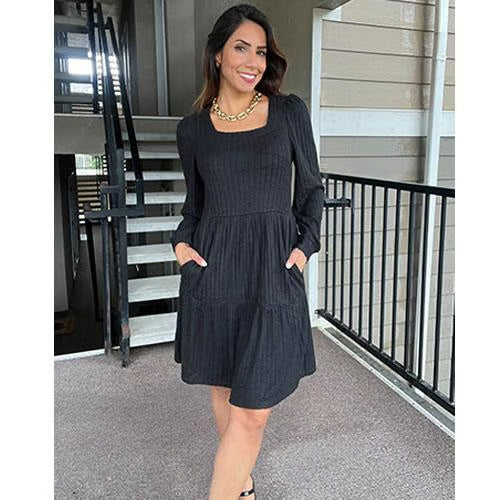 🍂2025 New Style⏰Women's Square Neck Lantern Sleeve Ribbed Dress