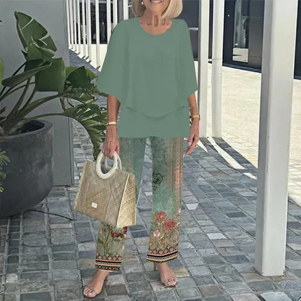 🌞Summer Sale 49% OFF🥰Women’s Casual Round Neck Half Sleeve Top Printed Pants Two Piece Set