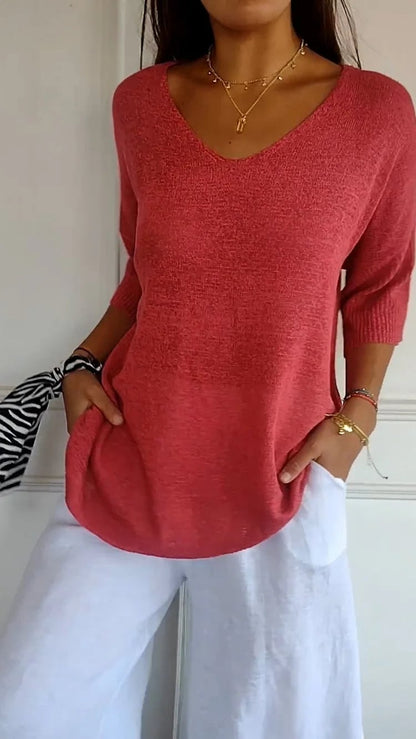 💖LAST DAY SALE 50% OFF🥰Solid Color Knitted V-neck Top