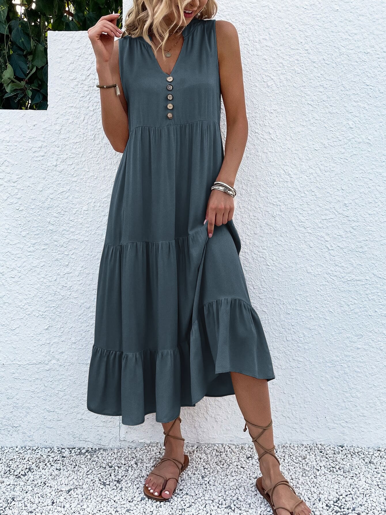 Button Detail Layered Hem Smock Dress（49% OFF）