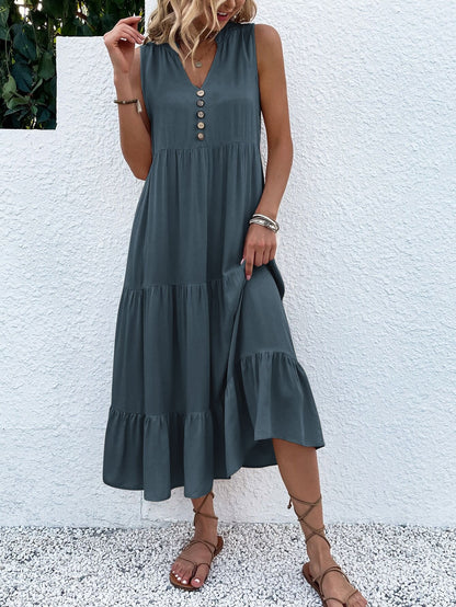 Button Detail Layered Hem Smock Dress（49% OFF）