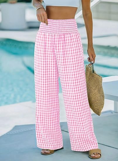 ⏳LAST DAY SALE 50% OFF!🎁Striped Gingham Wide Leg Pants High Waisted With Pockets