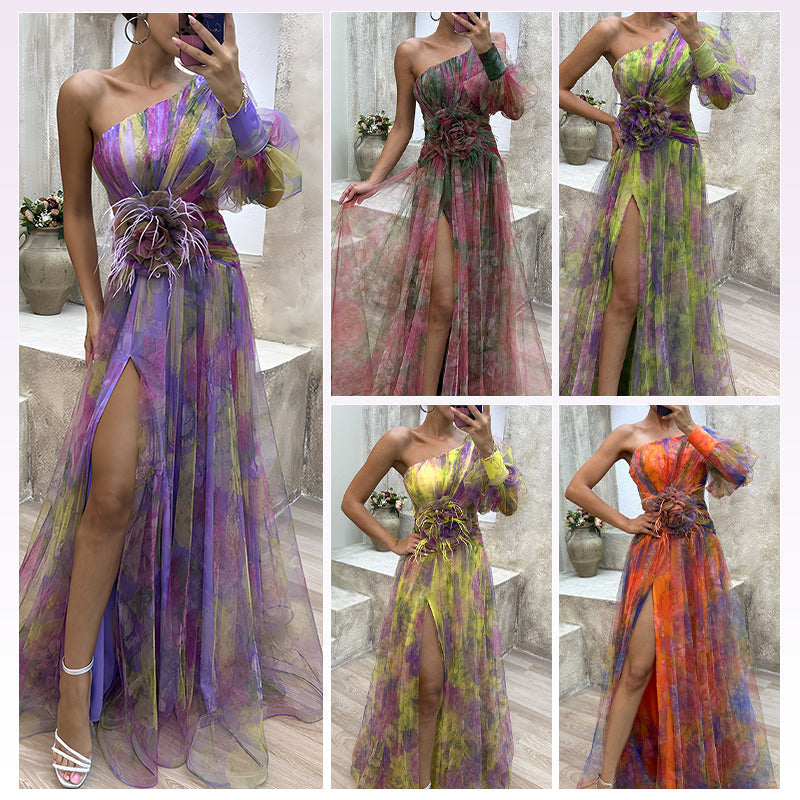 🎉Mother's Day 50% OFF💃 Multicolor Asymmetric Party Dress With Flower Details