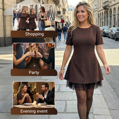 Women’s Sparkling Lace Trim Short-Sleeve Mini Dress