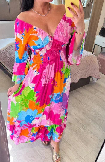 50% OFF💃V-neck Floral Seaside Vacation Loose Dress