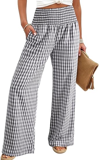 ⏳LAST DAY SALE 50% OFF!🎁Striped Gingham Wide Leg Pants High Waisted With Pockets