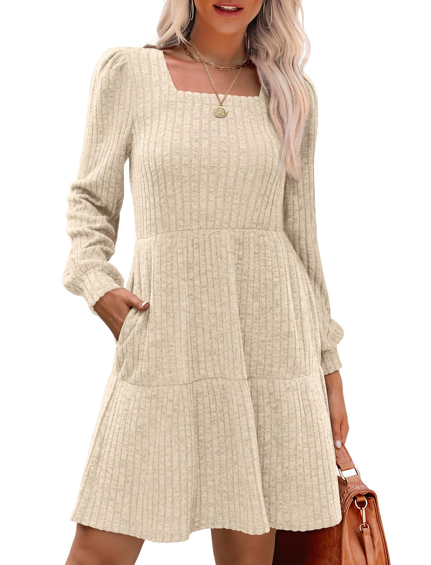 🍂2025 New Style⏰Women's Square Neck Lantern Sleeve Ribbed Dress