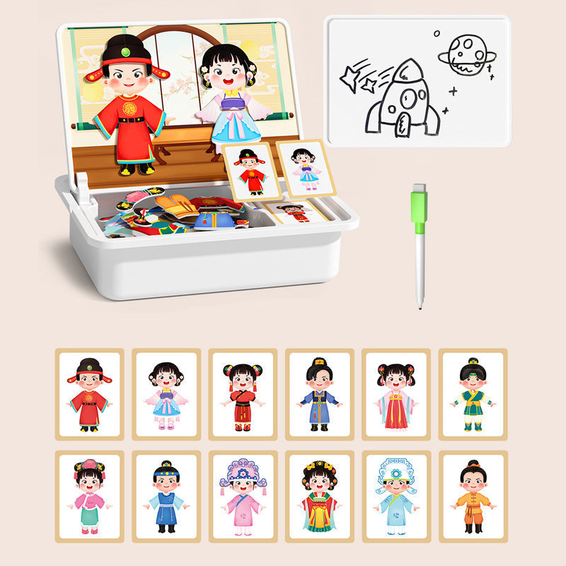 Magnetic puzzle box for children with game and drawing board