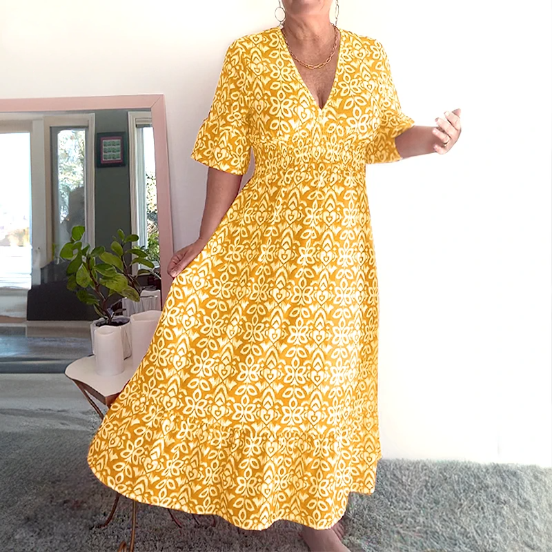 🔥 Hot Sale 50% OFF 🔥Bohemian casual print V-neck waist wrap long dress