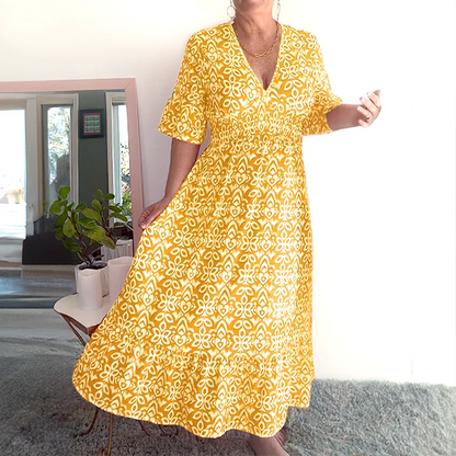 🔥 Hot Sale 50% OFF 🔥Bohemian casual print V-neck waist wrap long dress
