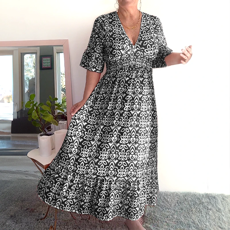 🔥 Hot Sale 50% OFF 🔥Bohemian casual print V-neck waist wrap long dress