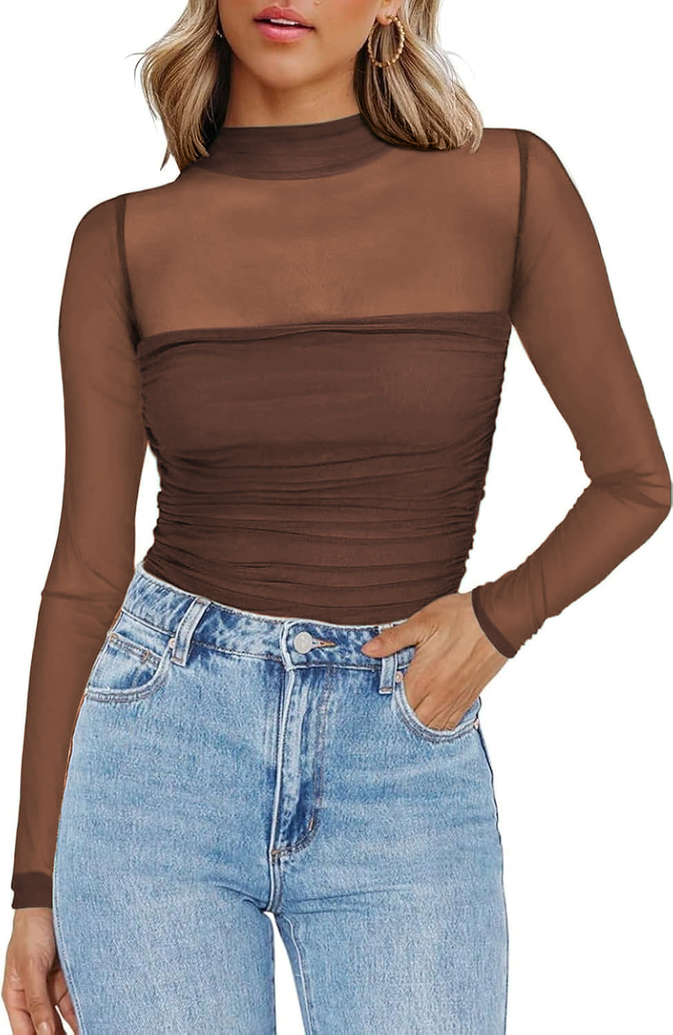 💃Last Day Sales -50% OFF🎉Women's Sparkle Mesh Sheer Long Sleeve Ruched Top