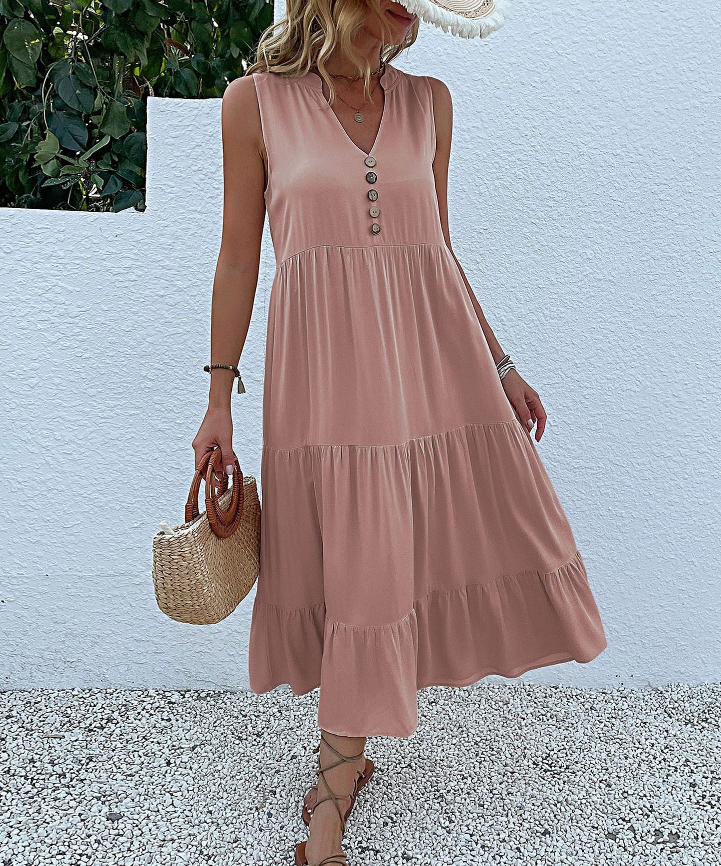 Button Detail Layered Hem Smock Dress（49% OFF）