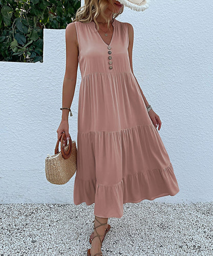 Button Detail Layered Hem Smock Dress（49% OFF）