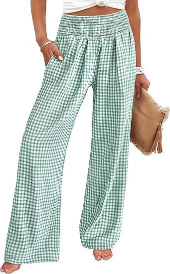 ⏳LAST DAY SALE 50% OFF!🎁Striped Gingham Wide Leg Pants High Waisted With Pockets