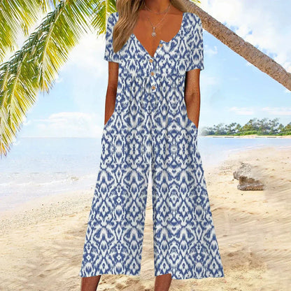 💥Last Day Special Sale 50% OFF💃Printed V-Neck Side Pocket Jumpsuit
