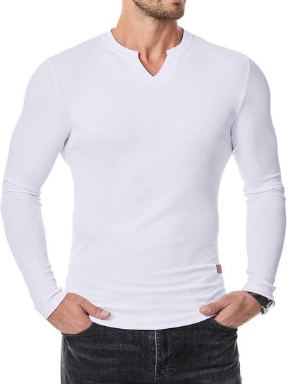 💗 V-Neck Longline Ribbed Tees Shirts Long Sleeve Gym Workout Athletic Menswear Tops