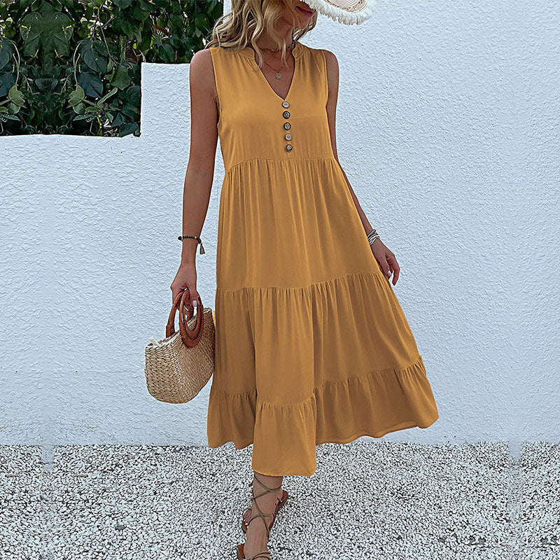 Button Detail Layered Hem Smock Dress（49% OFF）