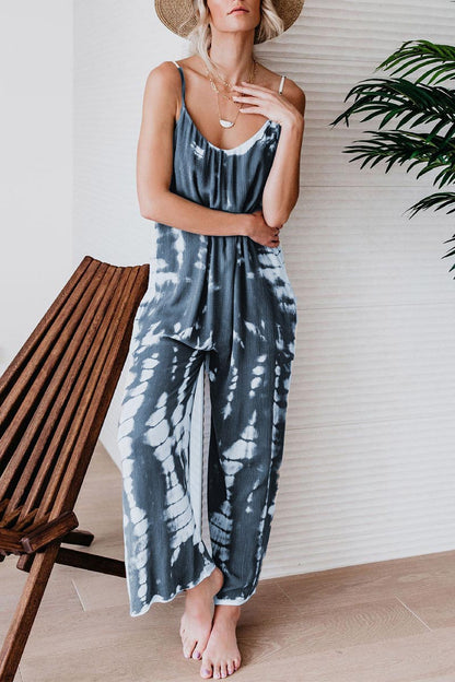 🔥Summer Hot Sale💝Women's Casual Strap Loose Tie-Dye Wide Leg Jumpsuit