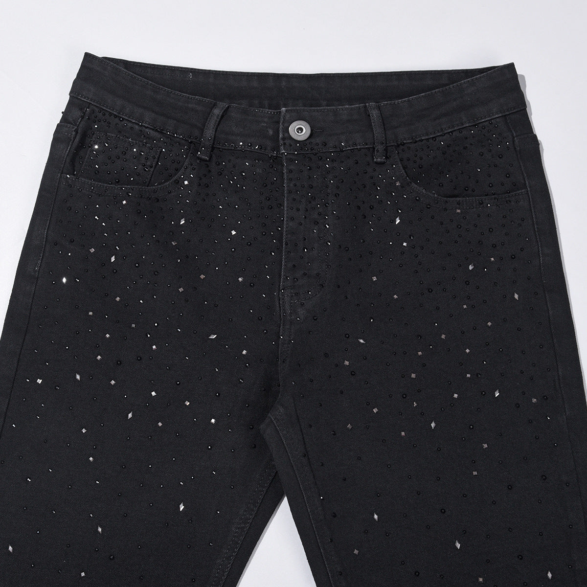 Rhinestone Embellished Slim-Fit Black Denim Jeans